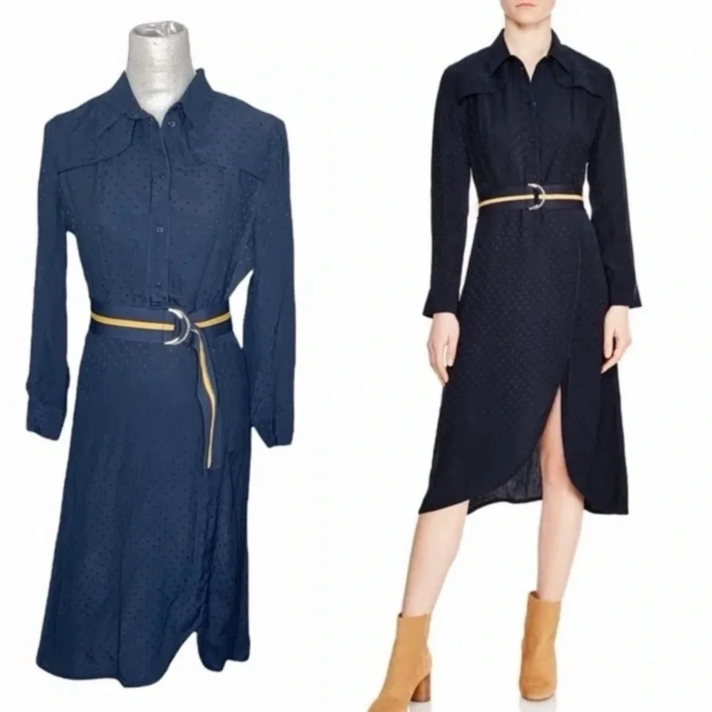 Sandro Paris Navy Swiss Dot Pleated Midi Shirt Dress Scallop Yoke 12 - Picture 4 of 15